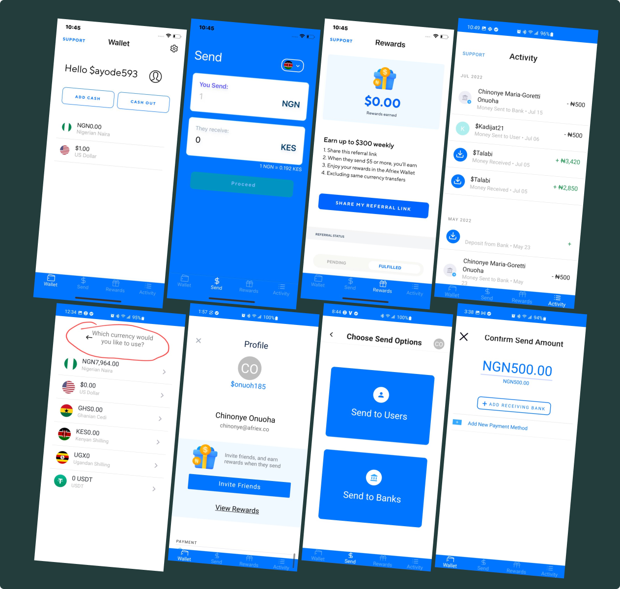 The Afriex app when I joined: wallet, send, rewards, and activity screens